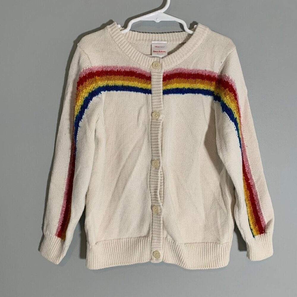 Hanna Andersson Kids Cream Rainbow Stripe Knit Button Cardigan Sweater Size 6-7